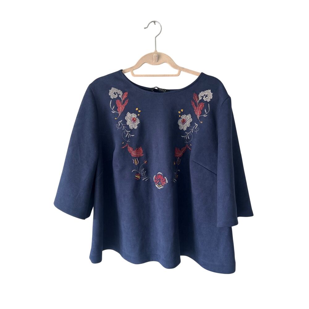 Eloquii Navy Faux Suede Floral Embroidered Long Sleeve Top 16
